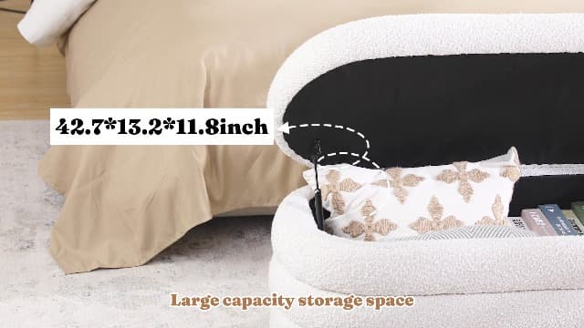 Storage Ottoman Bench 49.2 Inch Upholstered Fabric Storage Bench for Bedroom End of Bed Aesthetic Large Oval Storage Ottoman for Living Room Entryway (Ivory)
