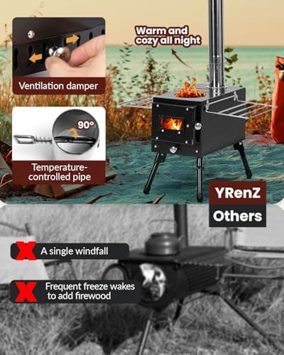 Wood Stove, Portable Tent Stove with 7-Section Stainless Steel Chimney, HeatControl Stovepipe and Elbow Pipe, Wood Burning for Outdoor Camping and Ice Fishing