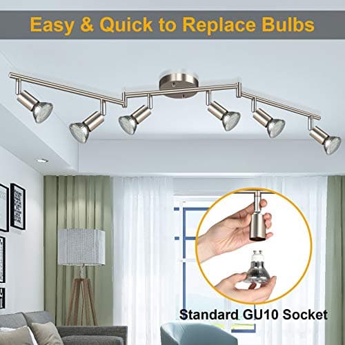 Ascher 6-Light LED Track Lighting Kit, Flexibly Rotatable Light Heads, 6 Way Ceiling Spotlight Matt Nickel Finish, Including 6 GU10 LED Bulbs (4W 400LM Daylight White 5000K)