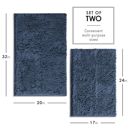 Hearth & Harbor Bathroom Rugs Sets 2 Piece, Chenille Bath Mat Set - Machine Washable Bath Mats for Bathroom Non-Slip Backing Rubber Quick Dry Bathroom Mat - Navy Bath Rug, 17x24-20x32