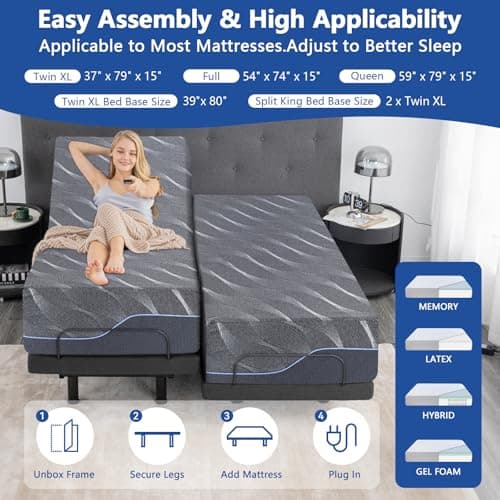 Split King Adjustable Bed Frame with Mattress, 12 Inch Grey Gel Memory Foam Medium-Firm Mattress in Box, Easy Assembly Adjustable Bed Base with Wireless Remote, Smart Electric Bed Frame