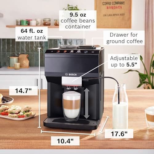 Bosch 500 Series Fully Automatic Espresso Machine – Touch Control Panel, Milk Hose, Ceramic Grinder, Uses Beans & Ground Coffee, 9 One-Touch Drinks, in Black TPU40109