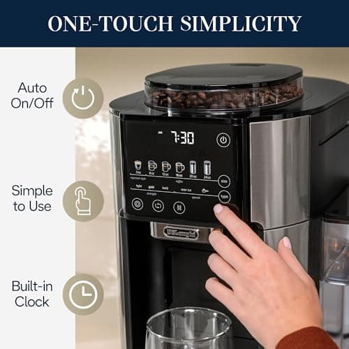 De'Longhi TrueBrew Drip Coffee Maker, Built in Grinder, Single Serve, 8 oz to 24 oz with 40 oz Carafe, Hot or Iced Coffee, Stainless,CAM51035M, Silver/Black