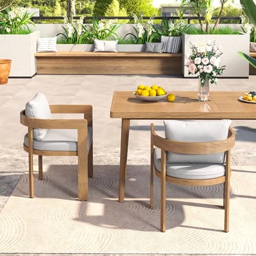 Christopher Knight Home Aluminum Dining Chair Set of 2, Armchairs with Cushions, Barrel Accent Chair, Wood-Like Finish, Comfy Seating Kitchen Side Chair Set for Balcony, Backyard, Garden, Teak