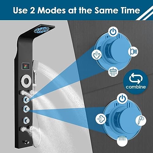 ROVOGO Shower Panel Tower System with Rainfall Mist Shower Head, Body Jets, Handheld and Tub Spout, Led Lights and Temp Display No Battery Needed, Unibody Shower Column 304 Stainless Steel Black