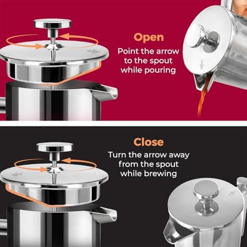 MuellerLiving French Press Coffee Maker 34oz, Stainless Steel French Press Coffee, 4 Filter Heat Resistant Double Insulated, Rust-Free, Food Grade, Dishwasher Safe Coffee Pot