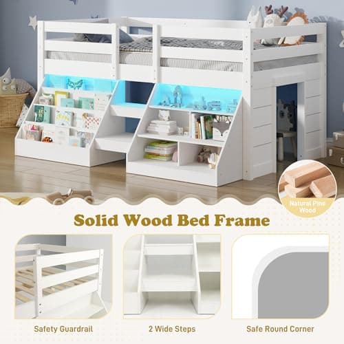 Twin Size Low Loft Bed with Stairs for Kids, Wooden Twin Loft Bed with LED Light & Safety Guardrail & Bookcase & Under-Bed Play Space, White