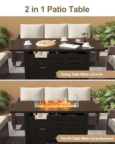 44" Outdoor Propane Fire Pit Table, 48,000 Btu Lp Gas Rectangular Fire Table with Ignition Systems and Lid,Outdoor Firetable with Glass Rocks for Patio Deck Garden Backyard