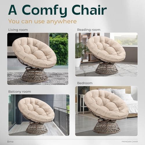 Bme 40" Ergonomic Wicker Papasan Chair with Soft Thick Density Fabric Cushion, High Capacity Steel Frame, 360 Degree Swivel for Living, Bedroom, Reading Room, Lounge, Sepia Sand - Brown Base