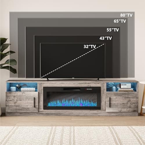 VITESSE TV Stand with 36" inch Electric Fireplace Up to 90" TVs, LED Light Entertainment Center, 80" Modern Wood High Gloss Fireplace with Highlight Storage Cabinet for Living Room (Gray)
