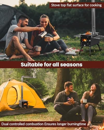 Wood Stove, Portable Tent Stove with 7-Section Stainless Steel Chimney, HeatControl Stovepipe and Elbow Pipe, Wood Burning for Outdoor Camping and Ice Fishing