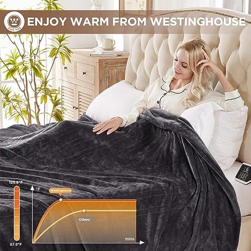Westinghouse Queen Size Electric Heating Blanket, 10 Levels, Auto Shut Off, Fast Heating, Machine Washable (Queen, 84x90 Inches, Charcoal)