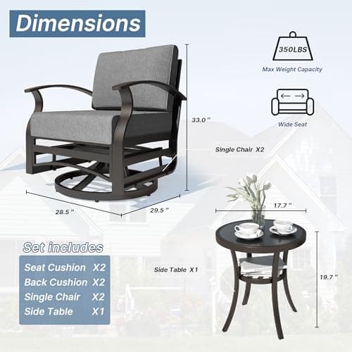 Kurapika 3 Pieces Patio Furniture Set, Outdoor Aluminum Rocking Chair, Patio Bistro Set Swivel Gliders Rocker with Tempered Glass Side Table (Grey)