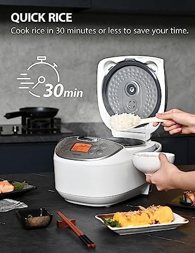 TOSHIBA Rice Cooker 6 Cup Uncooked – Japanese Rice Cooker with Fuzzy Logic Technology, 7 Cooking Functions, Digital Display, 2 Delay Timers and Auto Keep Warm, Non-Stick Inner Pot, White