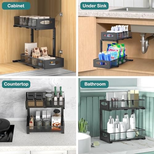 2 Pack Under Sink Organizer, 2 Tier Metal Pull Out Under Sink Storage with Sliding Mesh Drawers, Height Adjustable Slide Out Under Sink Organizer for Kitchen Bathroom Cabinet, Black