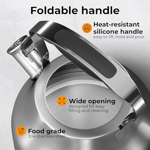 Stovetop Whistling Tea Kettle – 2.4 QT Stainless Steel Teapot with Ergonomic Handle, Fast Heating for Gas, Electric & Induction Stoves – Satin Finish, Silver