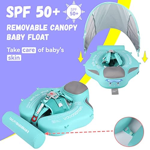 Mambobaby Baby Swim Float with Canopy Non-Inflatable Infant Pool Float with Tail 3-24 Months Avoid Flip Solid Skin-Friendly Material for Toddler Boys Girls