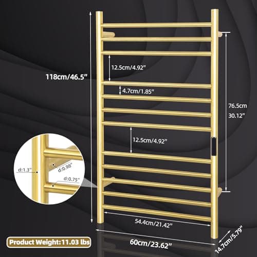 12 Bars Towel Warmer Rack, 23" Electric Wall Mounted Heated Towel Rack with Timer and Temperature Control, Towel Heater Hard Wired/Plug-in Hot Towel Rails for Bathroom, Brushed Gold