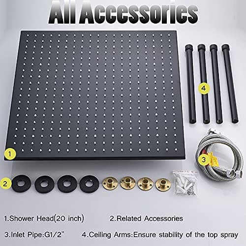 Shower Kits, Thermostatic Shower System LED 20"" Square Rainfall Shower Head System with Handheld Combo Set, Embedded Installation Black Shower Faucet Set Complete, (2 S?tt A)