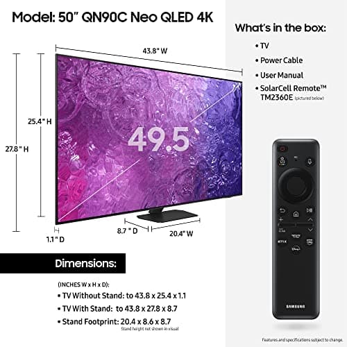 Samsung 50-Inch Class Neo QLED 4K QN90C Series Neo Quantum HDR, Dolby Atmos , Object Tracking Sound Lite, Anti-Glare, Gaming Hub, Q-Symphony, Smart TV with Alexa Built-In (QN50QN90C, 2023 Model)