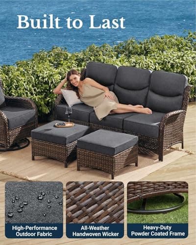 HILLGA Luxury Patio Furniture Set with 6-inch Thick Cushion, Outdoor Couch and High Back Swivel Rocker Patio Chairs, 7PCS Wicker Conversation Set for Deck Yard and Poolside, Dark Grey (V2)