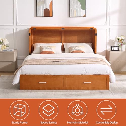 Queen Murphy Bed with Tri-Folding Mattress, Space-Saving Queen Size Wall Bed Built-in Charging Station, Foldable Murphy Bed Cabinet with 2 Storage Drawers for Bedroom, Guest Room, Cherry