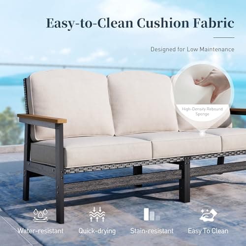 HDPE Outdoor Patio Furniture 4-Piece Set, All Weather Modern Patio Conversation Sets with Wood-grain Extended Table, Outdoor Patio Couch Set, Black Frame with Beige 4.7" Thick Cushions