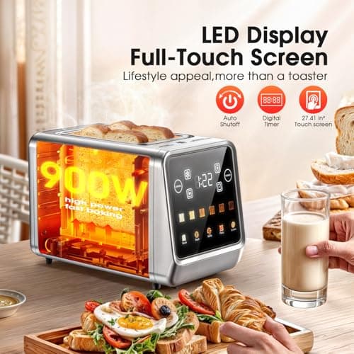 2 Slice Toaster Touch Screen with 1.5" Wide Slots & Memory Recall | 900W Fast Even Toast | LCD Display + 6 Shade Settings for Bagels & Thick Bread