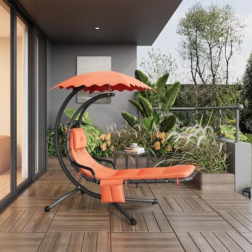 Yaheetech Outdoor Hanging Chaise Lounge Chair Hammock Chair w/Built-in Pillow and Removable Canopy for Patio Backyard Deck Garden - Orange