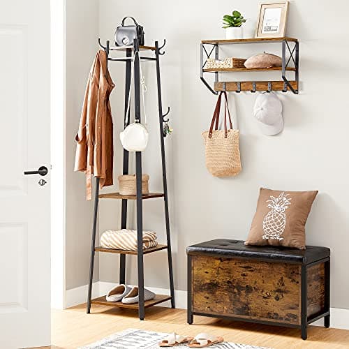 VASAGLE Coat Rack, Coat Stand with 3 Shelves, Hall Tree Free Standing with Hooks for Scarves, Bags, Umbrellas, Steel Frame, Industrial Style, for Entryway, Living Room, Rustic Brown and Black ULCR80X