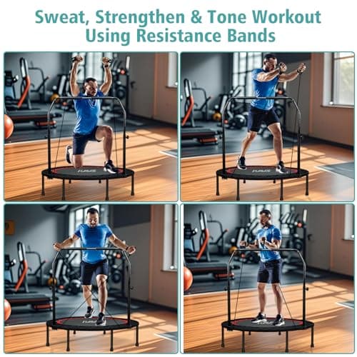 RAVS Mini Trampoline for Kids Adults 40"/48" Foldable Fitness Rebounder Kids Trampoline with 5 Levels Height Adjustable Handle Resistance Bands Indoor Workout