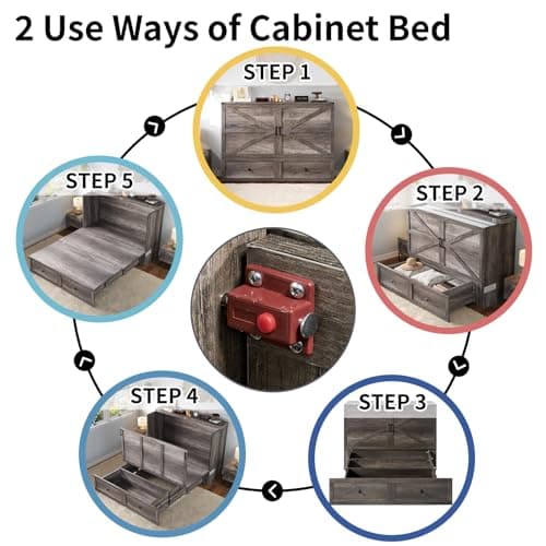Murphy Bed Queen Size, Cabinet Bed with Charging Station Large Storage Drawer for Home Office or Small Room, Hideaway Bed Full Foldable Platform Bed, Rustic Grey