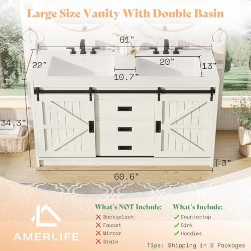 AMERLIFE 61" Farmhouse Double Bathroom Vanity with Sink Combo, Dual Basin Bathroom Storage Cabinet with Sliding Barn Doors & Drawers, Large Double Bath Vanity Sink Set, Rustic White