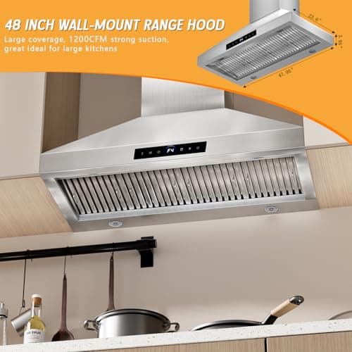 48 Inch Wall Mount Range Hood 1200CFM, 4-Speed Wall Mount Range Hood with Touch Control & Gesture Sensing Stainless Steel Kitchen Stove Vent Hoods with 4 LED Lights Ultra Series