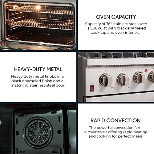 FORNO Galiano Dual Fuel 36" Inch. Freestanding Range 6 Sealed Brass Burners Cooktop - 5.36 Cu. Ft. Convection Electric Oven - Stainless Steel Stove Range Heavy Duty Cast Iron Grates
