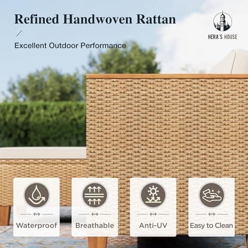 HERA'S HOUSE Small Patio Furniture Set, All Weather 3 Pieces Wicker Outdoor Sectional Set,Yellow Rattan Conversation Set with Lounge Sofa and Coffee Table for Lawn, Garden