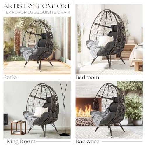 Bme Heavy Duty 400 lbs Capacity Wicker Egg Chairs for Outside & Indoor, Premium Soft Thick Olefin Fabric Cushion & UV 2000 Hours Material Teardrop Design, Durable Against Water, Weather