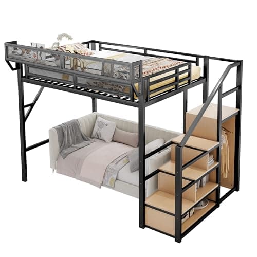Full Size Loft Bed with Stairs and Storage, Metal Loft Bed Frame with Bedside Shelf and Large Under-Bed Space, Heavy-Duty Bed for Adults Teens and Kids, Black