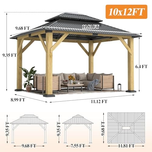 10' x 12' Outdoor Wooden Gazebo - Patio Hardtop Gazebo Permanent Wooden Pavilion with Galvanized Steel Double Roof, Wood Gazebos for Garden, Lawn, Poolside, Backyard Deck