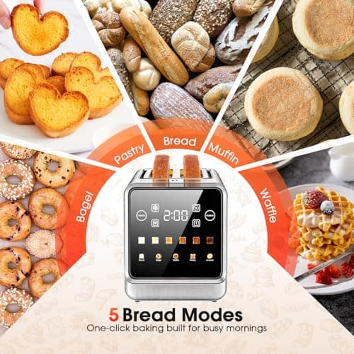 2 Slice Toaster Touch Screen with 1.5" Wide Slots & Memory Recall | 900W Fast Even Toast | LCD Display + 6 Shade Settings for Bagels & Thick Bread