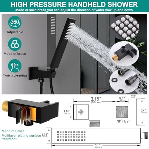 HOMEDEC Double Shower Heads Full Body Shower System with 6pcs Body Jets, 3-in-1 Function 14x20inch and 6inch Showerheads, Rainfall Shower System, Black