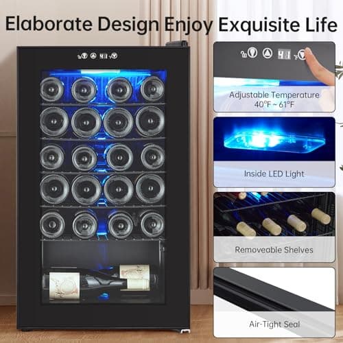Garvee Wine Fridge 24 Bottle, Wine Cooler Refrigerator with 40~61°F Digital Temperature Control, Freestanding Wine Cellar for Red White Wine, Champagne, Beer with Blue Interior Light (24 Bottles)