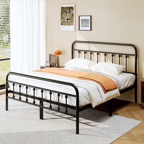 King Size Metal Platform Bed Frame/Victorian Style Headboard and Footboard/Steel Slat Support/Easy Assembly/No Box Spring Needed/Underbed Storage/Noise Free/Black
