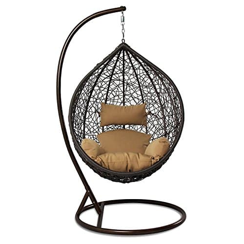 Island Gale Hanging Basket Chair Outdoor Front Porch Furniture with Stand and Cushion (Brown Wicker, Beige Cushion)