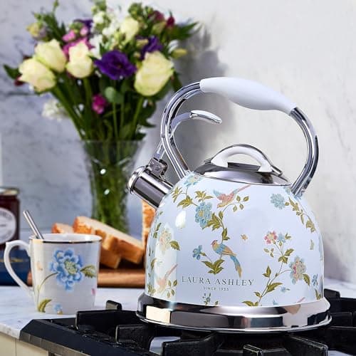 Laura Ashley Elveden White Stovetop Kettle with Whistle - 2.5L Fast Boil Stainless Steel Kettle Stove Top - Silicon Coated Cool Handle Camping Kettle for Gas, Induction Hob - Compatible with Aga Stove