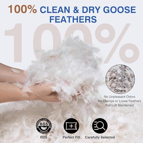 Goose Feather Pillows Queen Size Pack of 2 - Down Hotel Bed Pillows for Sleeping, Soft 600 Thread Count Cotton Cover, Fluffy Support Surround Fill Polyester for Side, Back, Stomach Sleepers