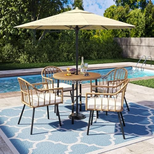 YITAHOME Bistro Chairs Set of 4 Rattan Outdoor Dining Chairs with Arms & Cushions Woven Rattan Chair with Curved Backrest All-Weather Wicker Patio Dining Chair for Patio or Restaurant, Beige