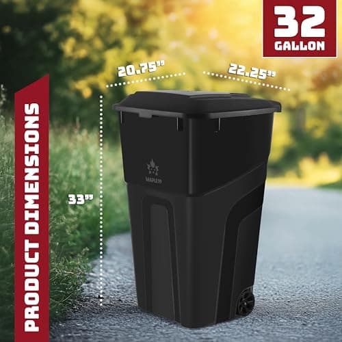 Trash Can With Lid - Ultimate Strength 32 Gallon Wheeled Garbage Can Trash Container - Professional Grade Outdoor Waste Bin with Secure Snap Lid and Ergonomic Handles, Outdoor Recycling Bins, 2 Pack