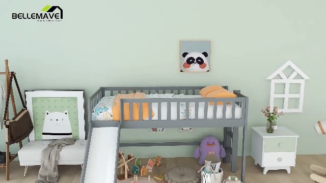Bellemave Twin Size Loft Bed for Kids,Low Loft Bed with Slide and Ladder,Wood Loft Bed Twin for Girls Boys,Grey