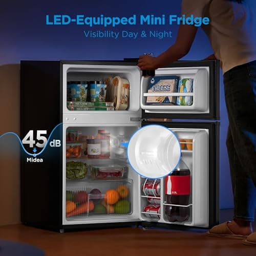 Midea WHD-113FB1 Double Door Mini Fridge with Freezer for Bedroom Office or Dorm with Adjustable Remove Glass Shelves Compact Refrigerator, 3.1 cu ft, Black